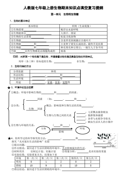 人教版七年级上册生物期末知识点填空复习提纲(含答案)