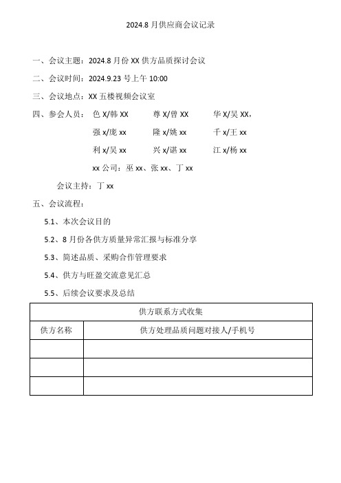 2024.8月供应商质量会议章程及会议记录模板