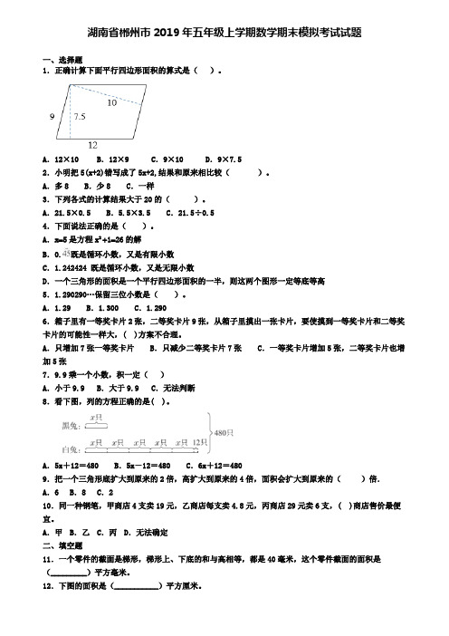 湖南省郴州市2019年五年级上学期数学期末模拟考试试题