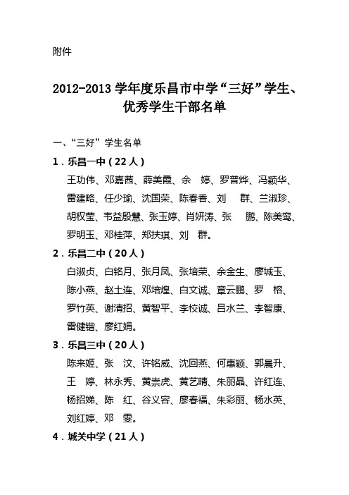 2012-2013学年度乐昌市中学“三好”学生、 优秀学生干部名单