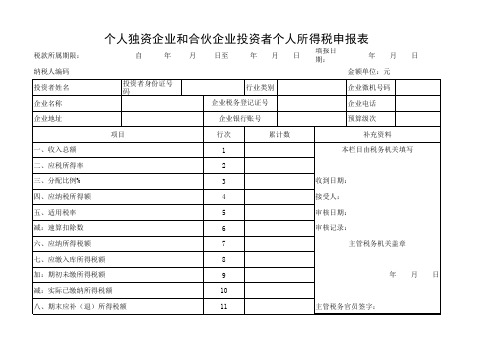 【天津】个人独资企业和合伙企业投资者个人所得税核定申报表