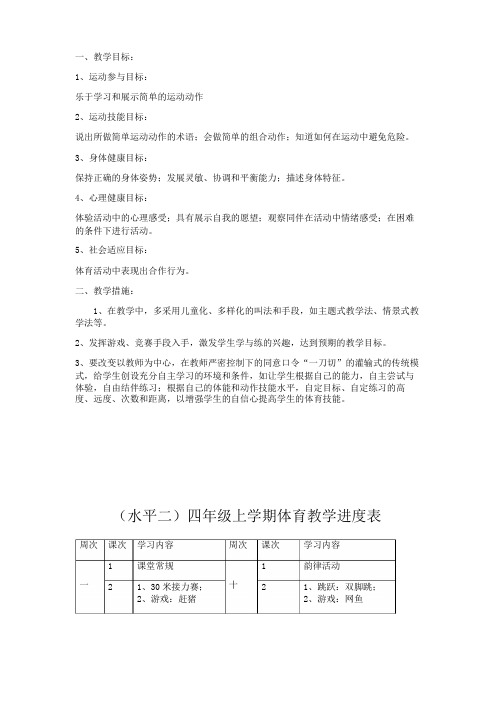 四年级体育教学计划及进度表