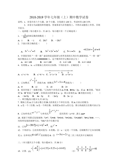 2018--2019学年七年级数学上期中试  题含答案