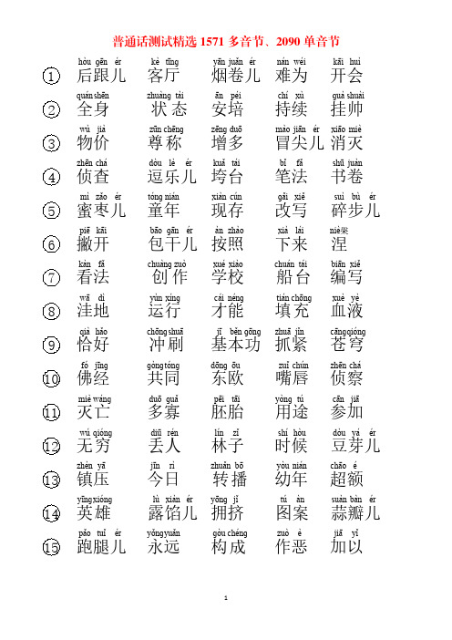 普通话测试精选1571多音节、2090单音节(2024-1-7)带拼音