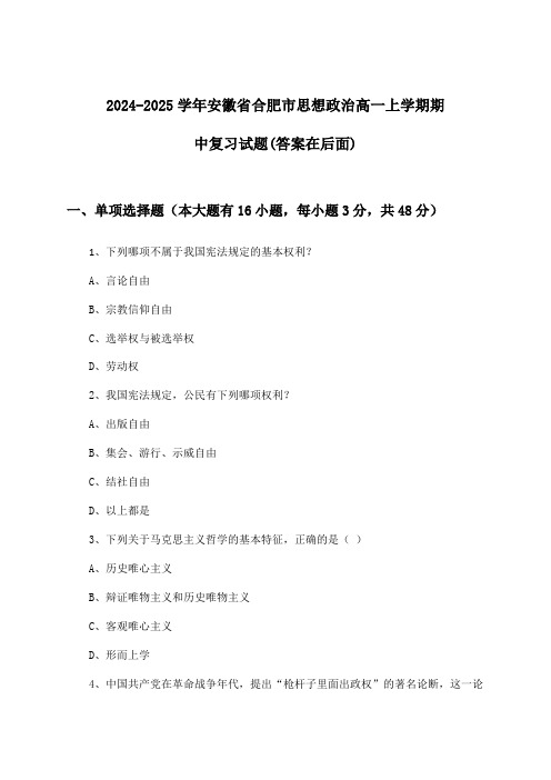 安徽省合肥市思想政治高一上学期期中试题及答案指导(2024-2025学年)