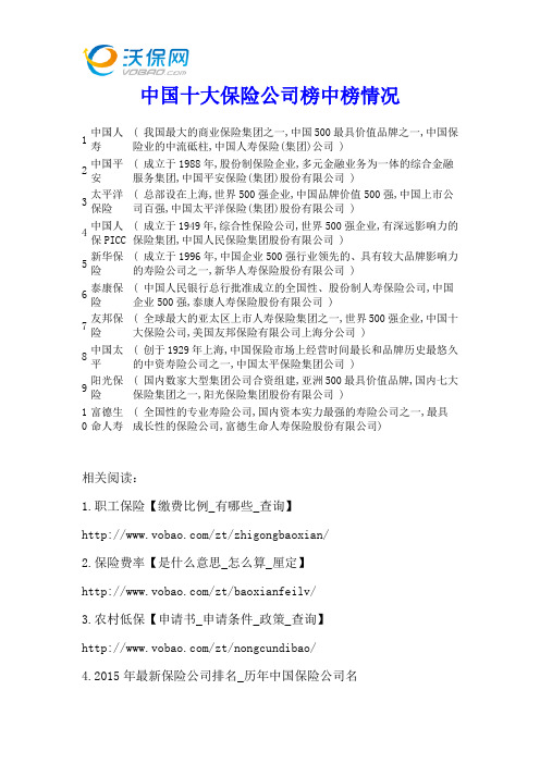 中国十大保险公司榜中榜情况