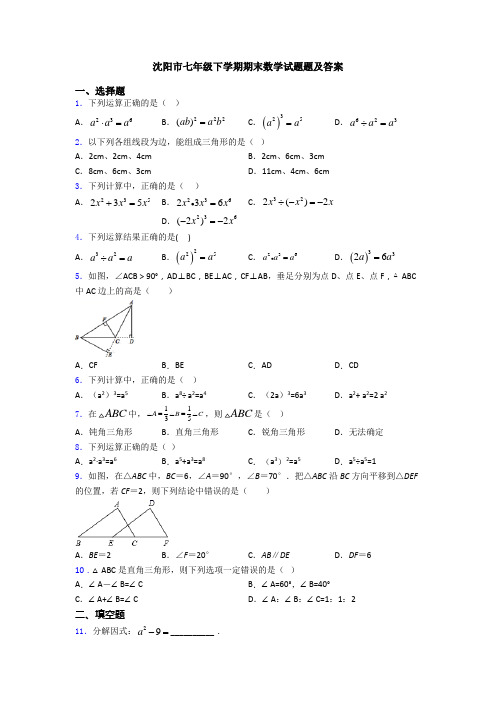 沈阳市七年级下学期期末数学试题题及答案