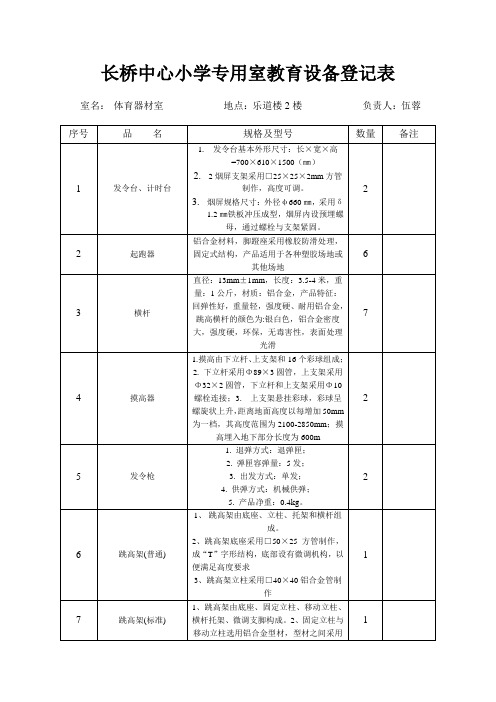 长桥中心小学专用教室教育设备登记表(体育器材室)