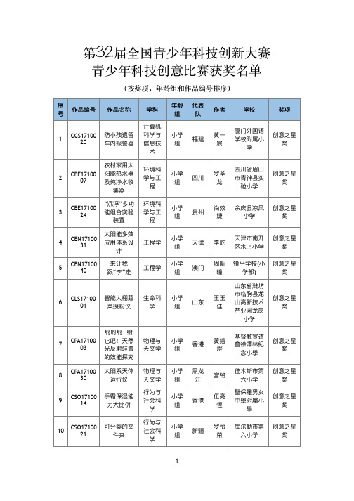 第32届全国青少年科技创新赛青少年科技创意赛获奖