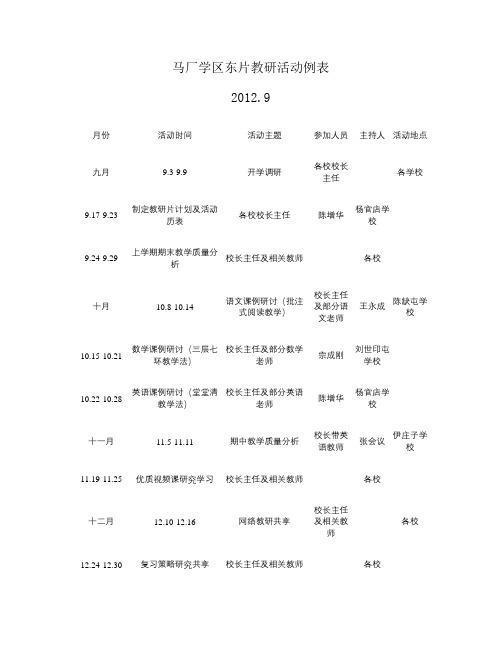 东片学校教研历表2012.9(精)