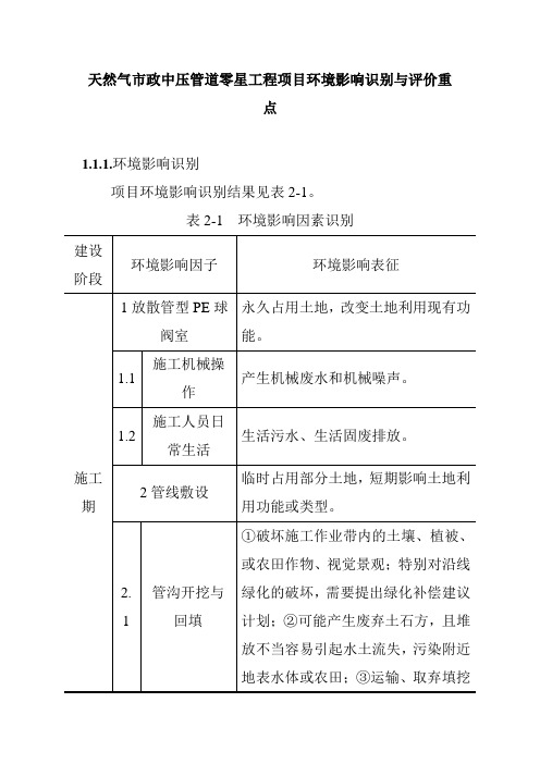 天然气市政中压管道零星工程项目环境影响识别与评价重点