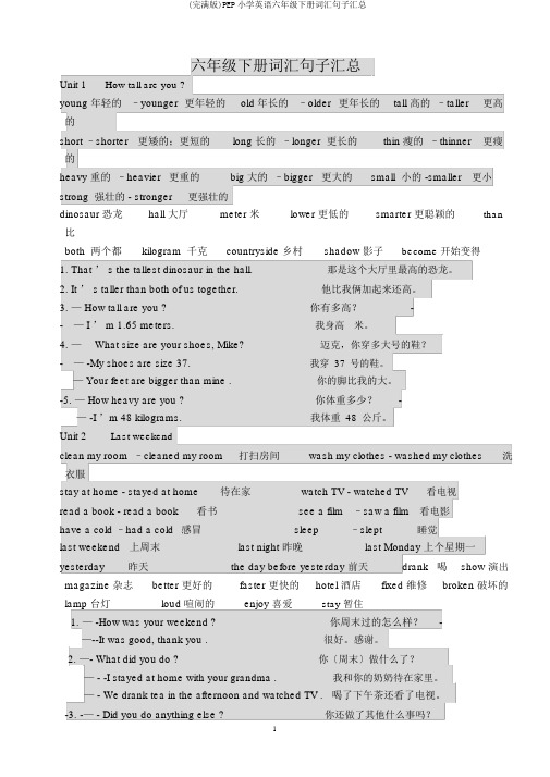 (完整版)PEP小学英语六年级下册词汇句子汇总