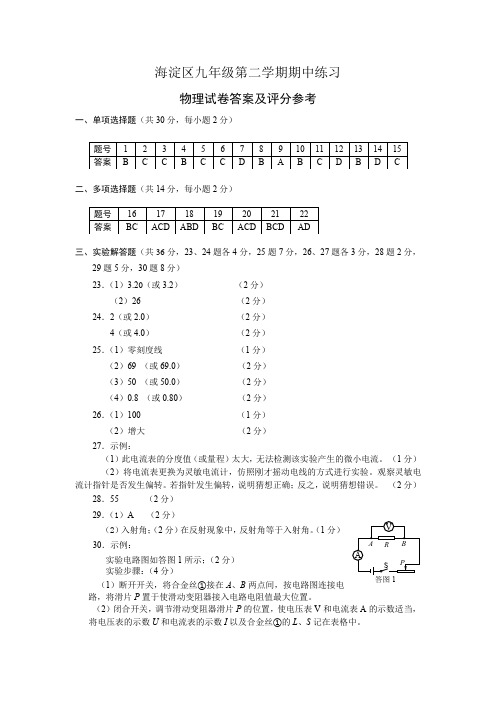 初三物理中考一模试题答案定稿(海淀)-2018-5-3