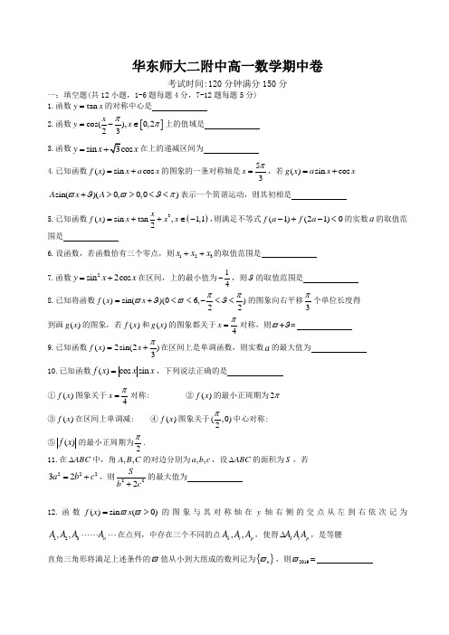 上海市华师大二附中2019-2020学年高一下4月份期中数学卷(无答案)