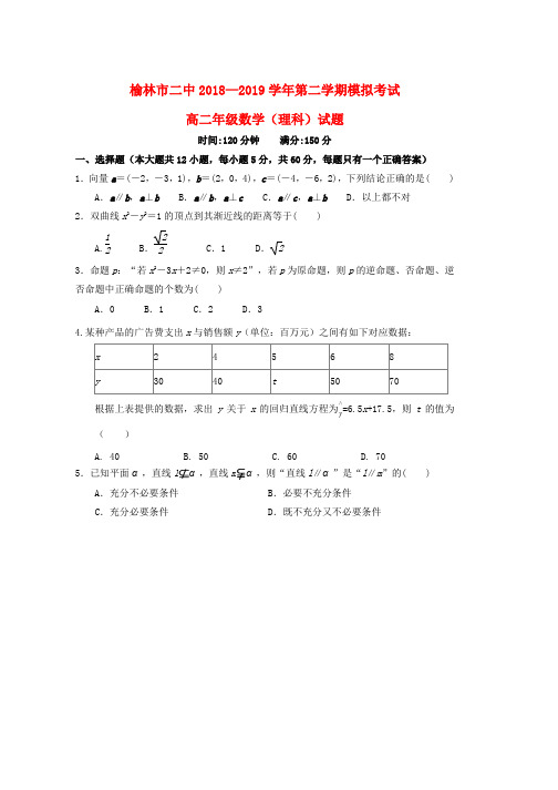 2018_2019学年高二数学下学期模拟开学考试试题理word版本