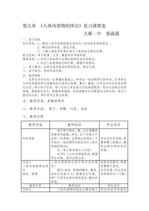 生物 蔡露露《人体内废物的排出复习课》教案