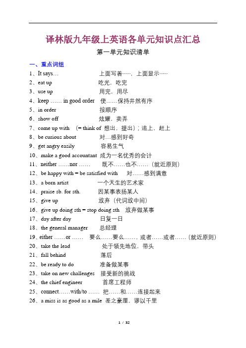 译林版九年级上英语各单元知识点归纳