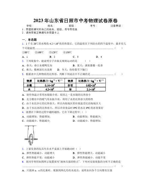 2023年山东省日照市中考物理试卷原卷及解析