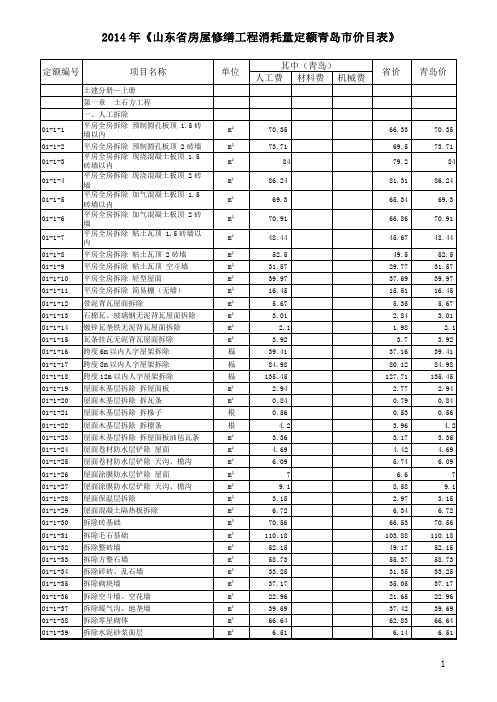 2014年《山东省房屋修缮工程消耗量定额青岛市价目表》