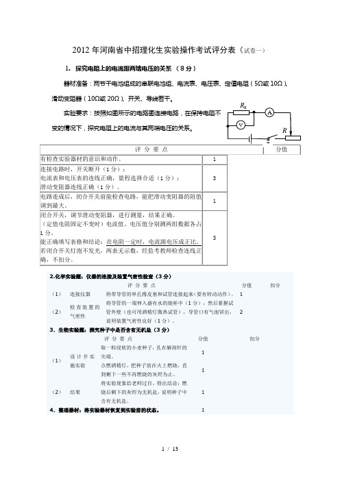 2012年河南省中招理化生实验操作考试评分表