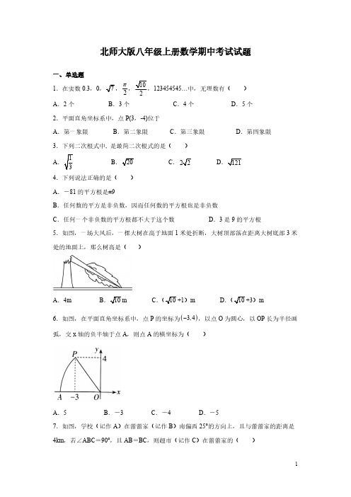 北师大版八年级上册数学期中考试试卷及答案