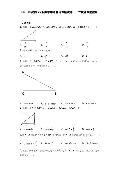 2021年华东师大版数学中考复习专题演练 — 锐角三角函数(含答案)