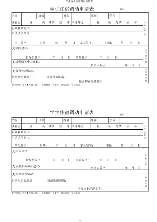 学生宿舍住宿调换申请表