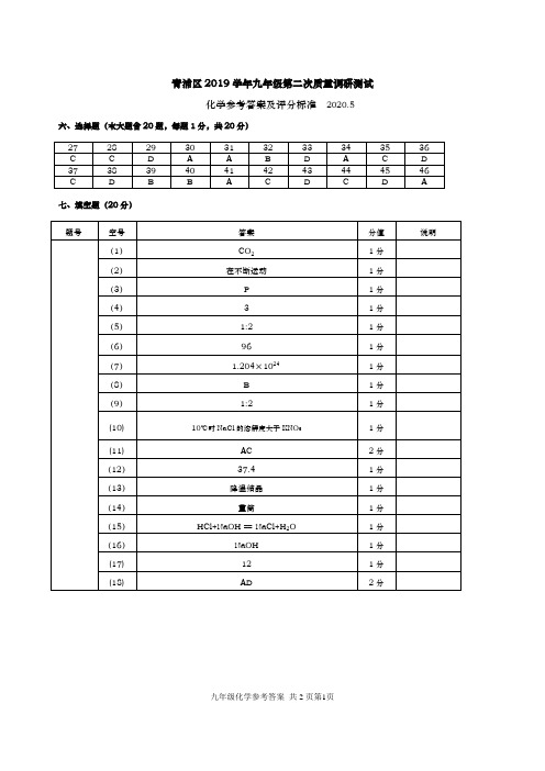 上海2020年二模-青浦区2019学年九年级第二次质量调研测试化学参考答案(定稿)