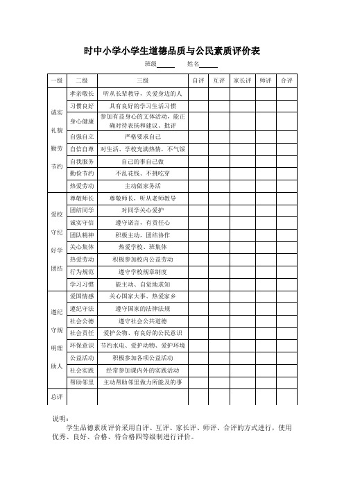 时中小学小学生道德品质与公民素质评价表