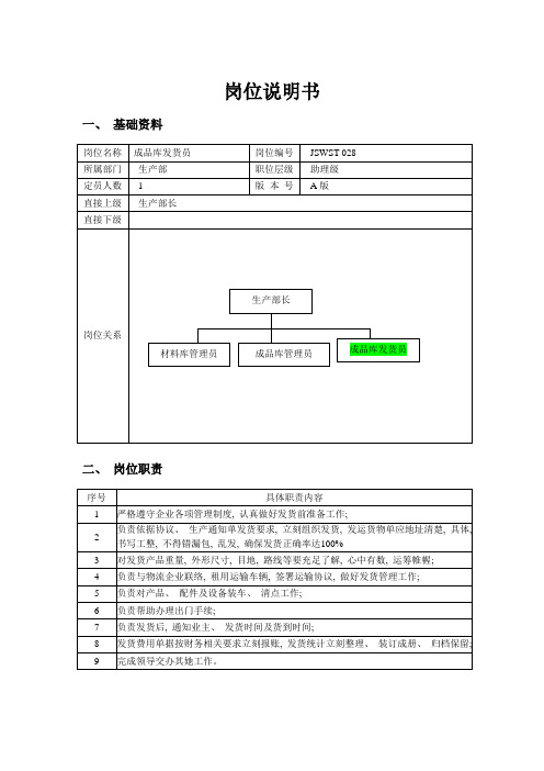 成品库发货员的岗位说明书