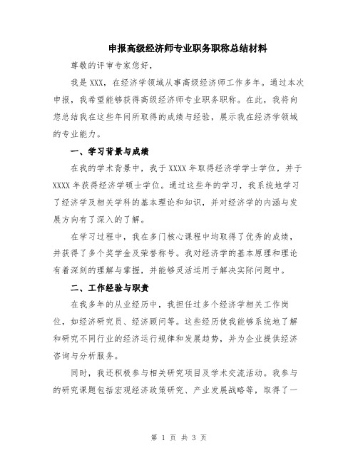 申报高级经济师专业职务职称总结材料