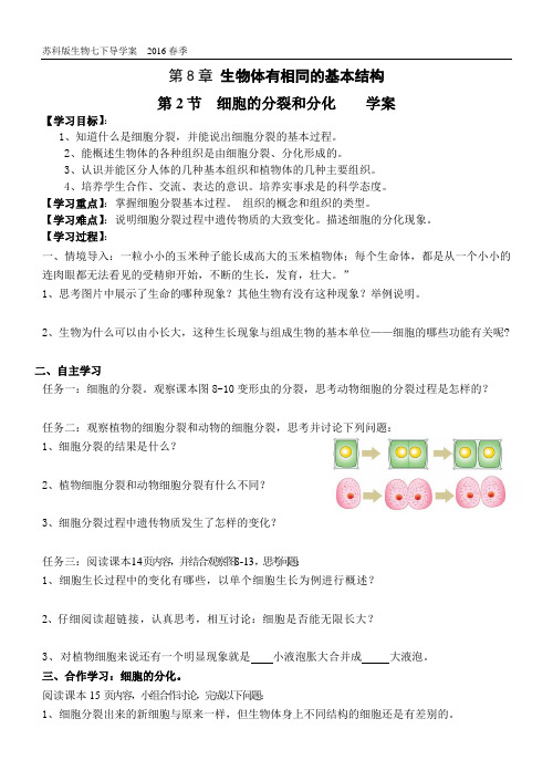 苏科版七下8.2细胞的分裂和分化导学案