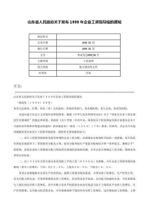 山东省人民政府关于发布1999年企业工资指导线的通知-鲁政发[1999]96号