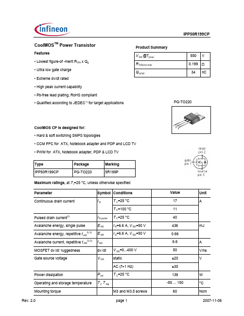 INFINEON IPP50R199CP 说明书