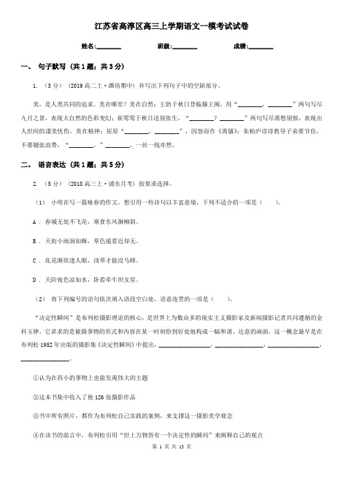 江苏省高淳区高三上学期语文一模考试试卷