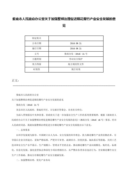 娄底市人民政府办公室关于加强整顿治理促进烟花爆竹产业安全发展的意见-娄政办发〔2016〕21号