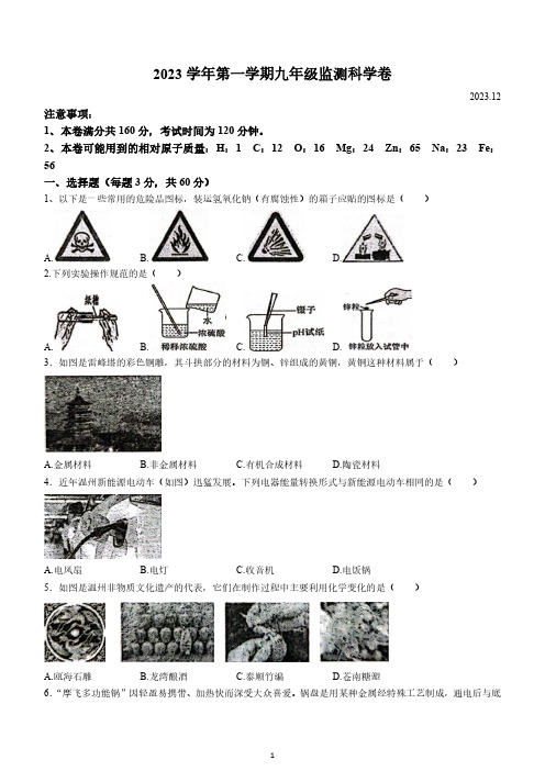 浙江省温州市瑞安市西部联盟联考2023-2024学年九年级上学期12月期末科学试题