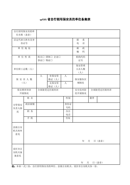 中小学自行招用保安员的单位备案表