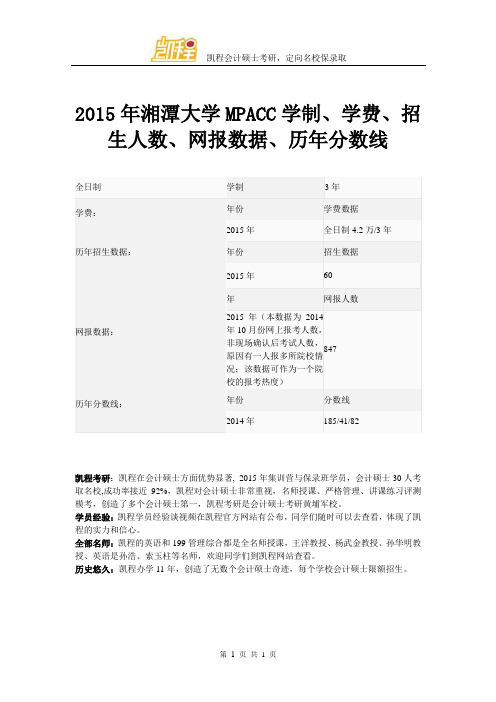 2015年湘潭大学MPACC学制、学费、招生人数、网报数据、历年分数线