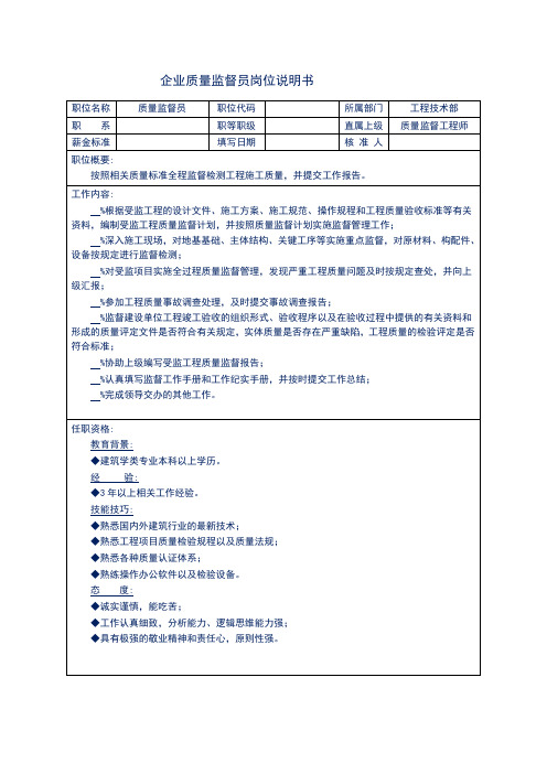 企业质量监督员岗位说明书