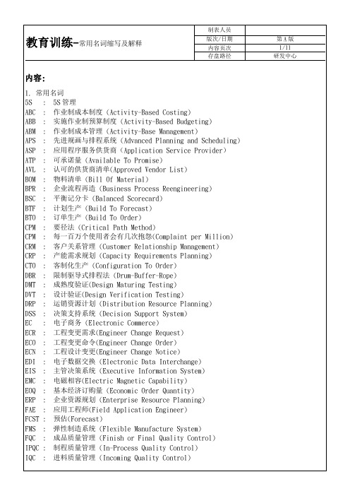 制造企业常用英文缩写及解释