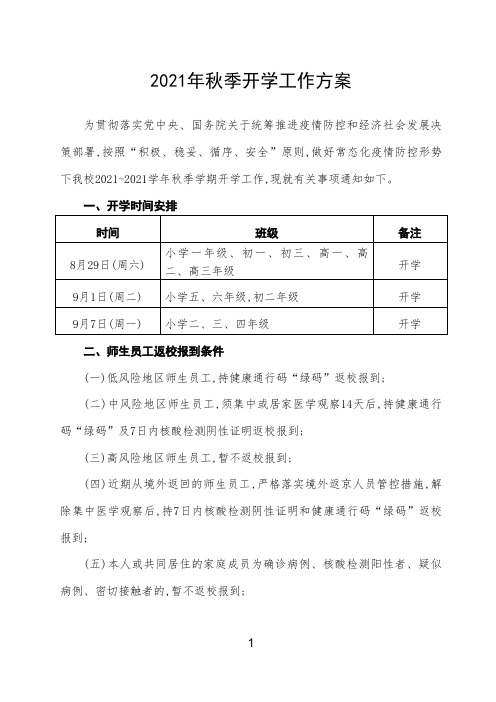 最新版中学2021年秋季开学疫情防控工作措施方案及预案(附防疫检查表)