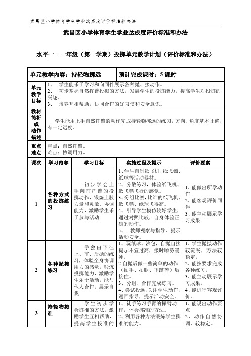 水平一一年级投掷单元计划