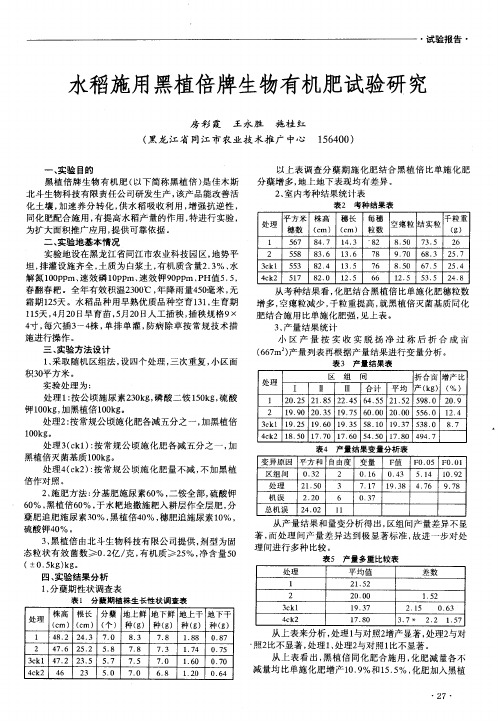 水稻施用黑植倍牌生物有机肥试验研究