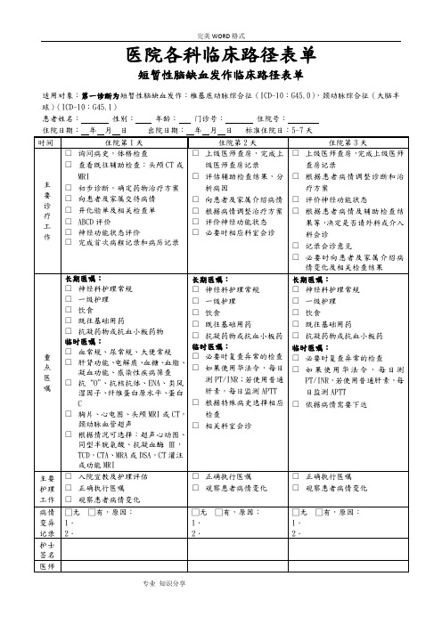 医院各科临床路径表单