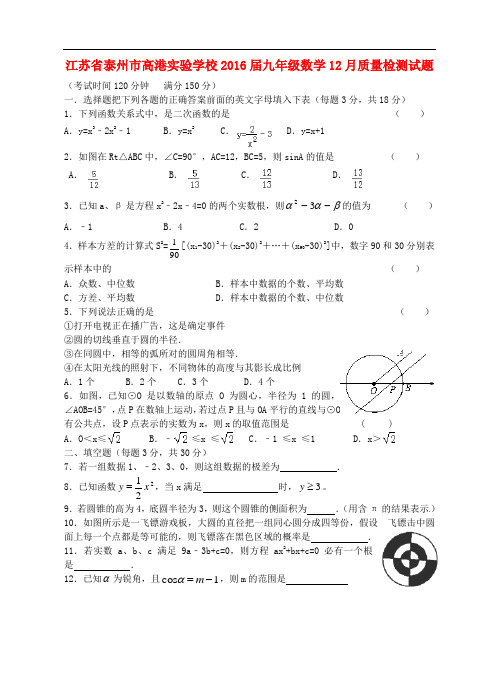 江苏省泰州市高港实验学校九年级数学12月质量检测试题