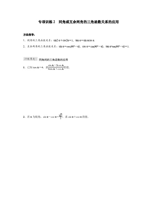 专项训练2  同角或互余两角的三角函数关系的应用-2020-2021学年九年级数学全册考点专项训练