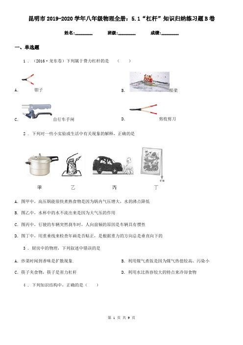 昆明市2019-2020学年八年级物理全册：5.1“杠杆”知识归纳练习题B卷