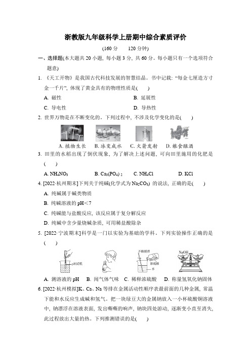 浙教版九年级科学上册期中综合素质评价附答案