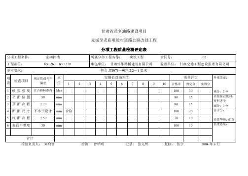 ()分项工程质量检测评定表(路肩墙)